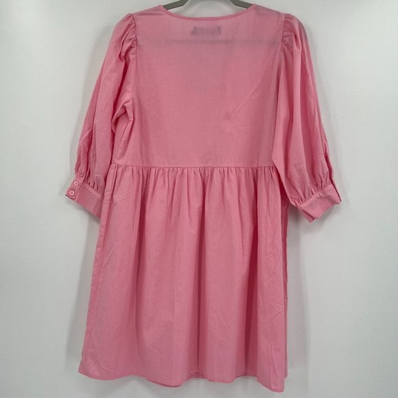Pomander Place by Tuckernuck Pink Lizzie Mini Dress Babydoll Poplin V-Neck sz M - Picture 6 of 6